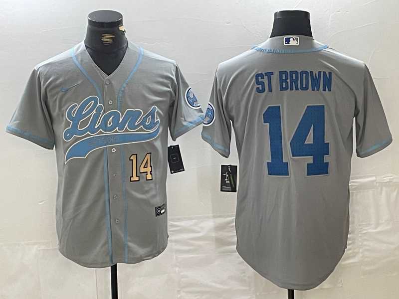 Men's Detroit Lions #14 Amon-Ra St. Brown Number Gray Cool Base Stitched Baseball Jerseys,We sell and wholesale Men's Detroit Lions #14 Amon-Ra St. Brown Number Gray Cool Base Stitched Baseball Jerseys on line form chian!